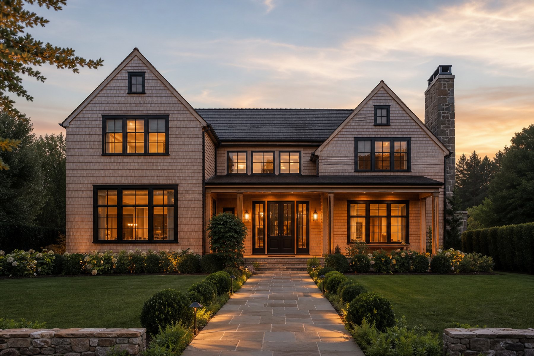 Newly built shingle-style home on Long Island's North Shore at dusk, AI-generated concept imagery